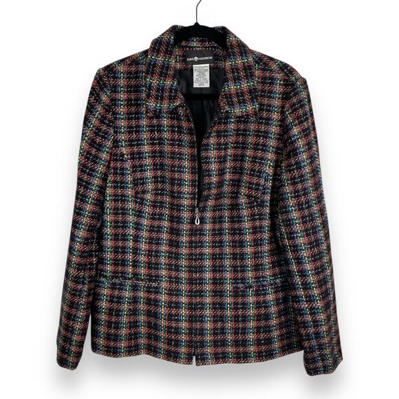 90s Vintage Sag Harbor Rainbow Metallic Plaid Tweed Jacket Size 14 Zip Up Blazer - Picture 1 of 16